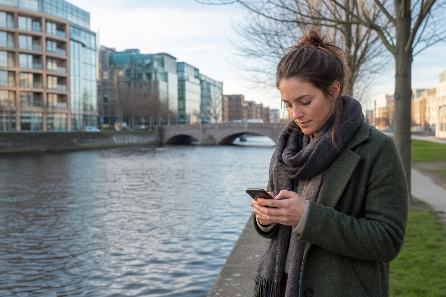 Woman using a phone beside Dublin's Grand Canal