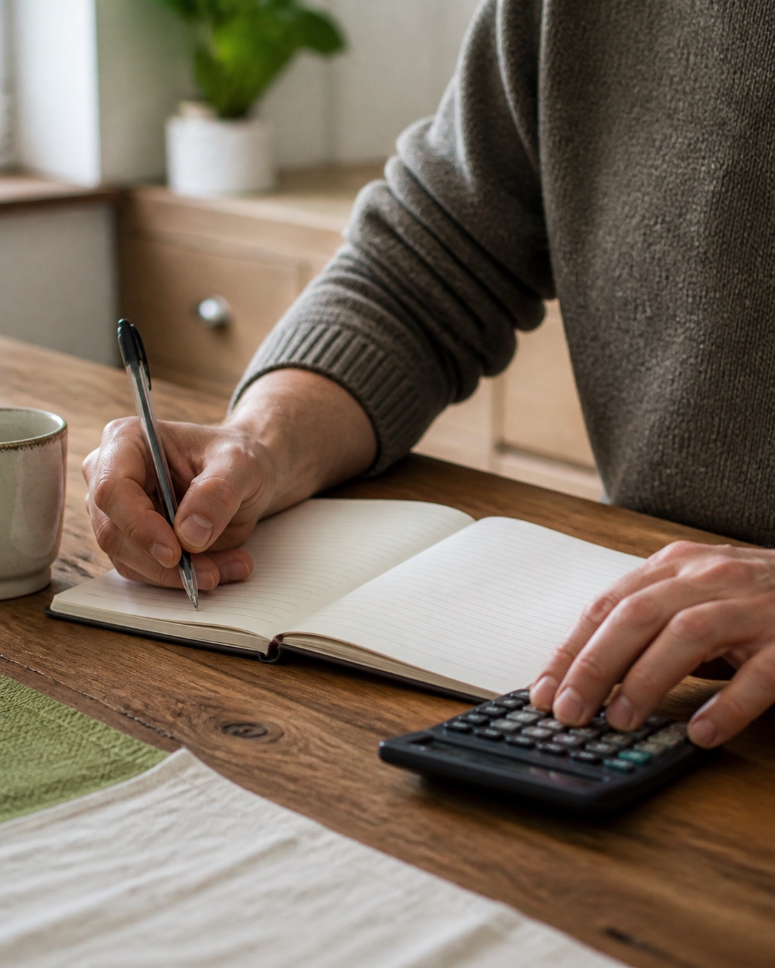 Person reviewing notes and a calculator at a wooden table